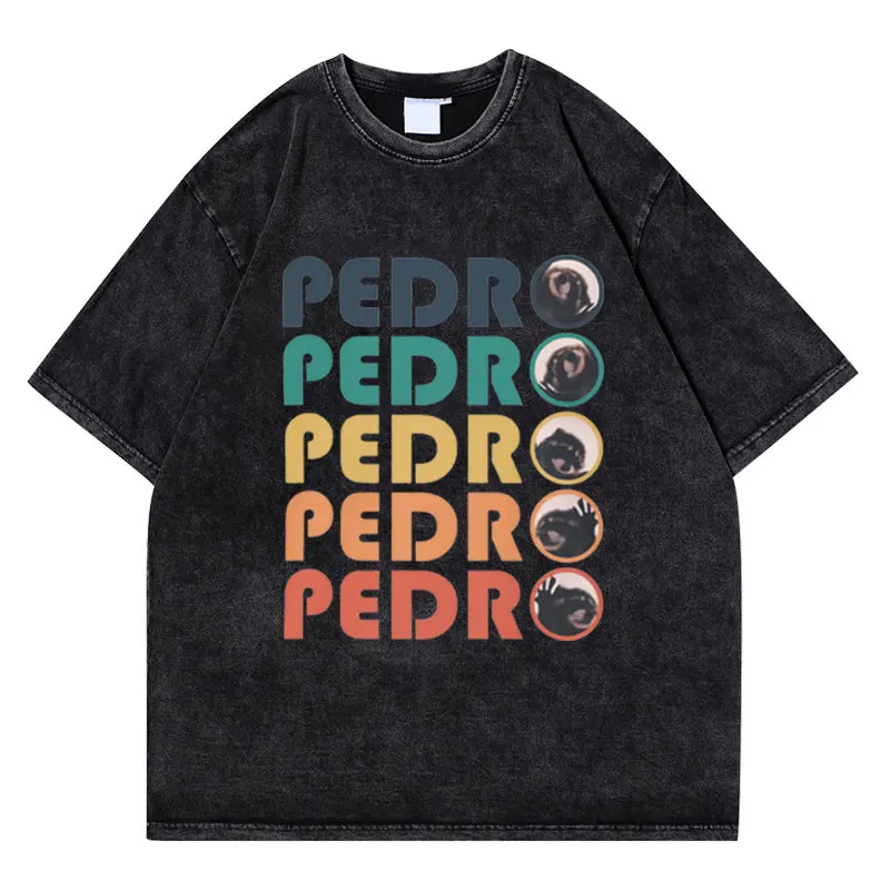 

Funny Pedro Pedro Pedro Retro Colorful Vintage Wash T Shirt Men Fashion Trend Hip Hop Oversized Washed Worn T-shirt Short Sleeve