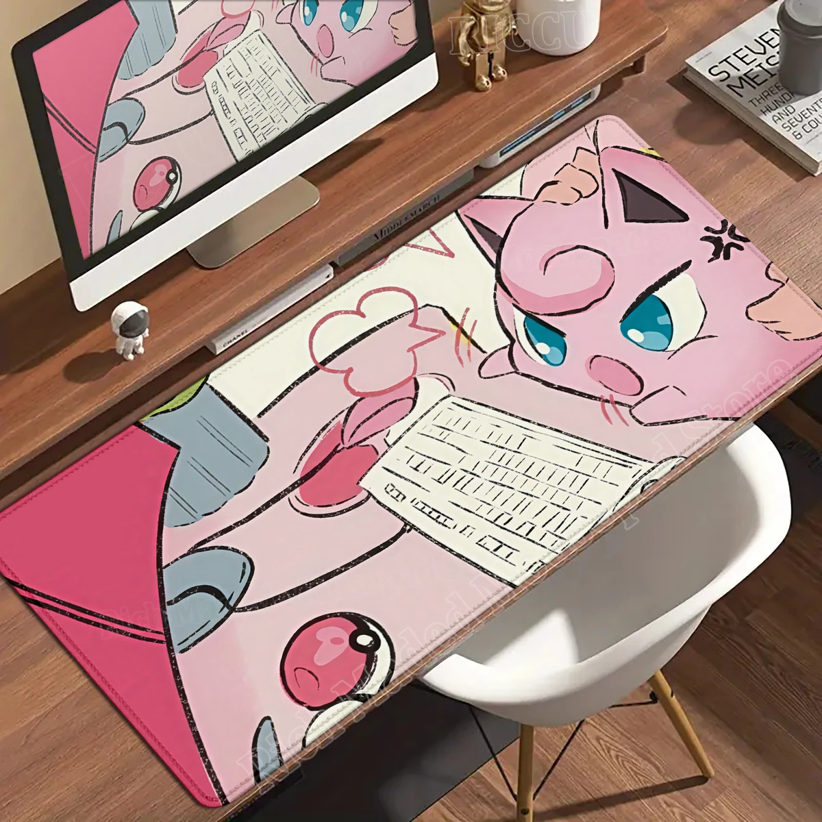 Kawaii Pink Anime Desk Mat with Clefairy & Jigglypuff Design