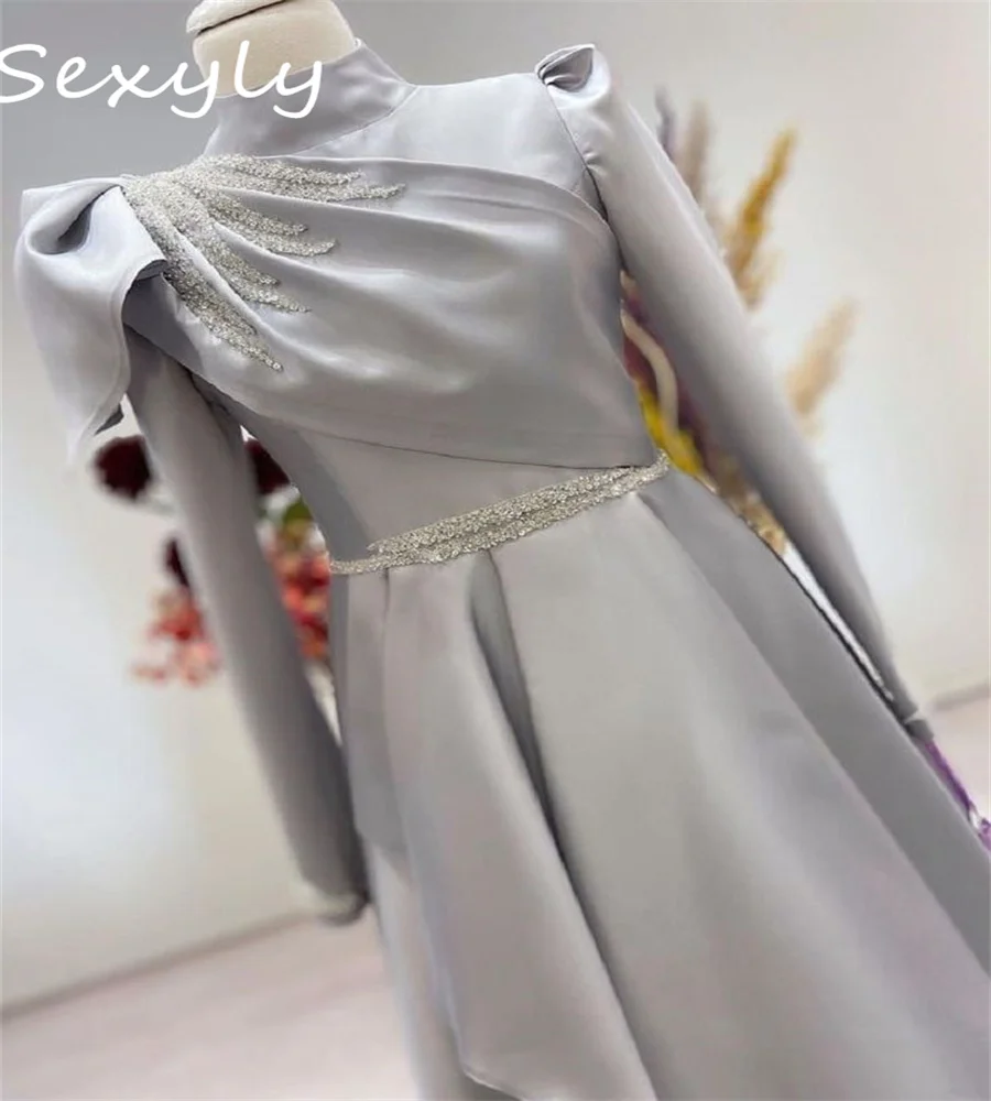 

Chic Silver Muslim Evening Dress 2023 Midi Elegant Formal Occasion Party Gowns Ankle Length High Neck Long Sleeve Prom Dress
