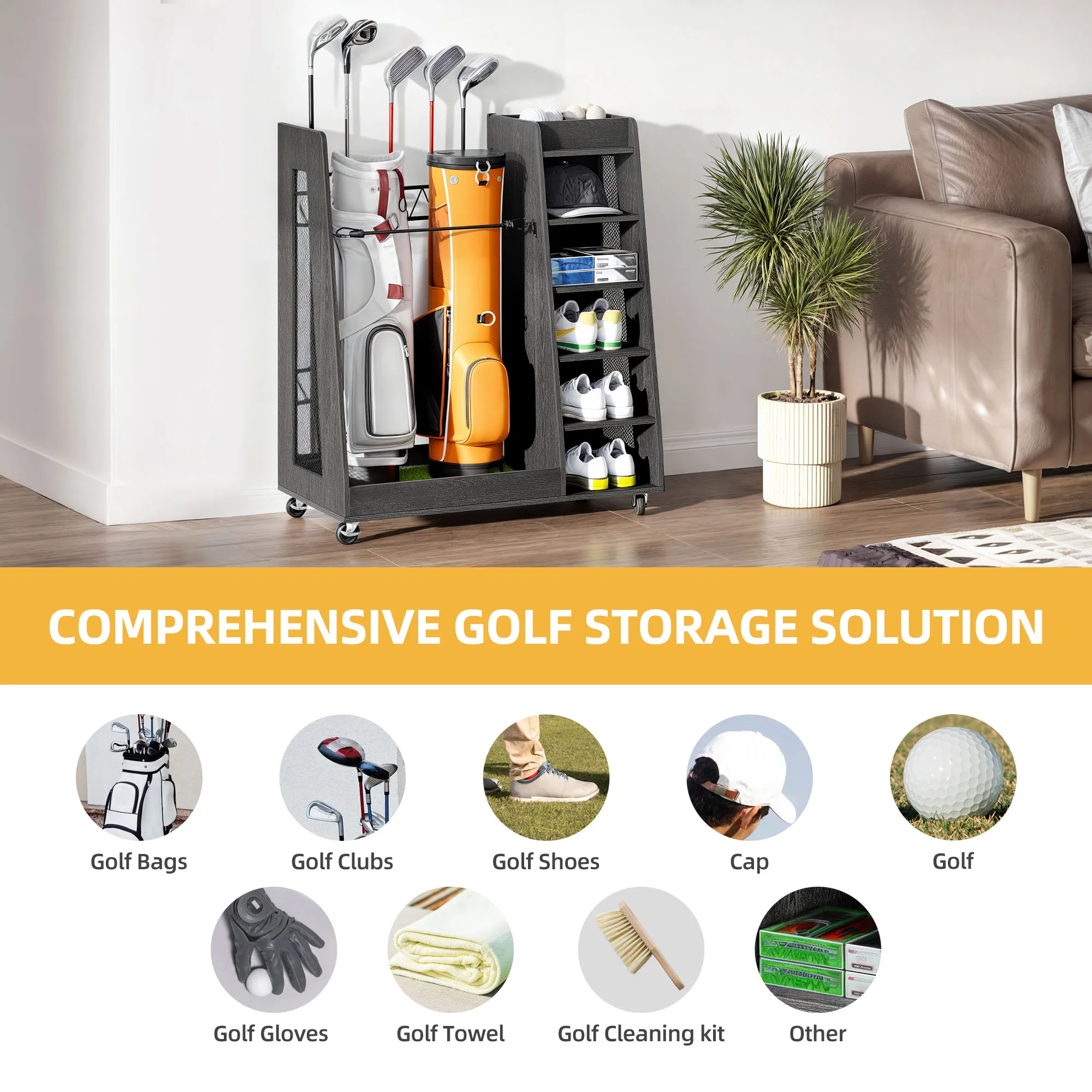 Portable Rolling Wooden Golf Bag Storage Rack Holder Fit for Two Bags Organizer
