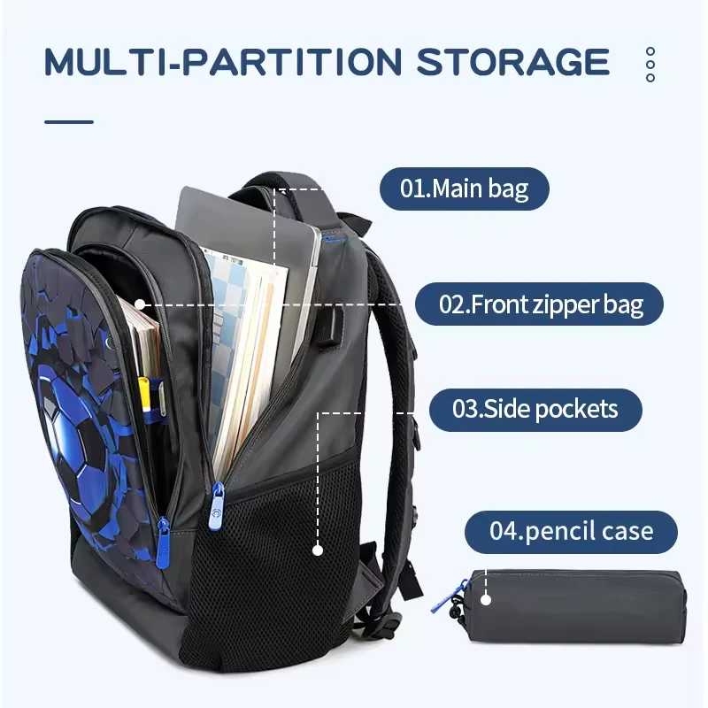AOK Factory Price New Book Bag Football Boys Backpack With Pen Bag School Bag For Kids Primary Students Backpacks Large Capacity 6