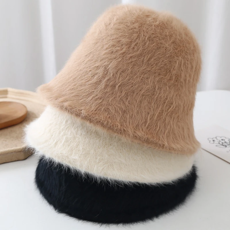 

Ladies Plush Fisherman Hat Basin Cap Bucket Hats Ins Korean Solid Warm High Quality Skullies Winter Decorate Beanies Female