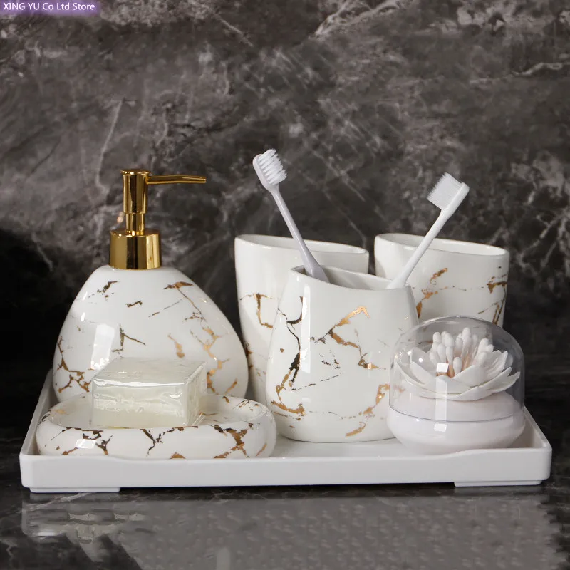 White Marble Texture Bathroom Supplies Toothpaste Dispenser Toothbrush Holder Cotton Swab Box Bathroom Decoration Accessories