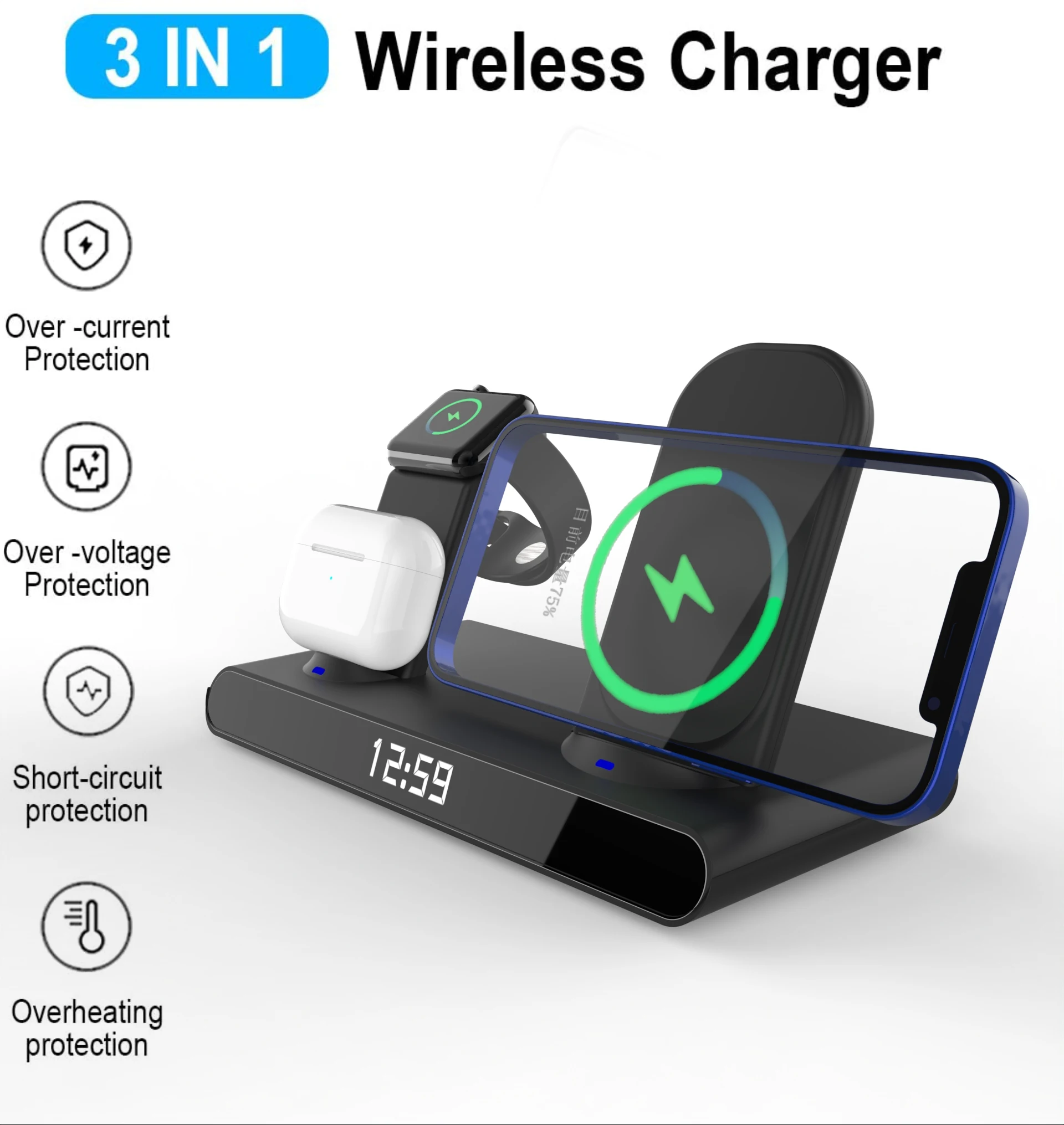Artizer SY011 3 in 1 Wireless Charger Station 15W With Alarm Clock For iPhone 13 12 Pro Max For Apple Watch 7 6 5 Airpods Pro Chargers - ANKUX Tech Co., Ltd