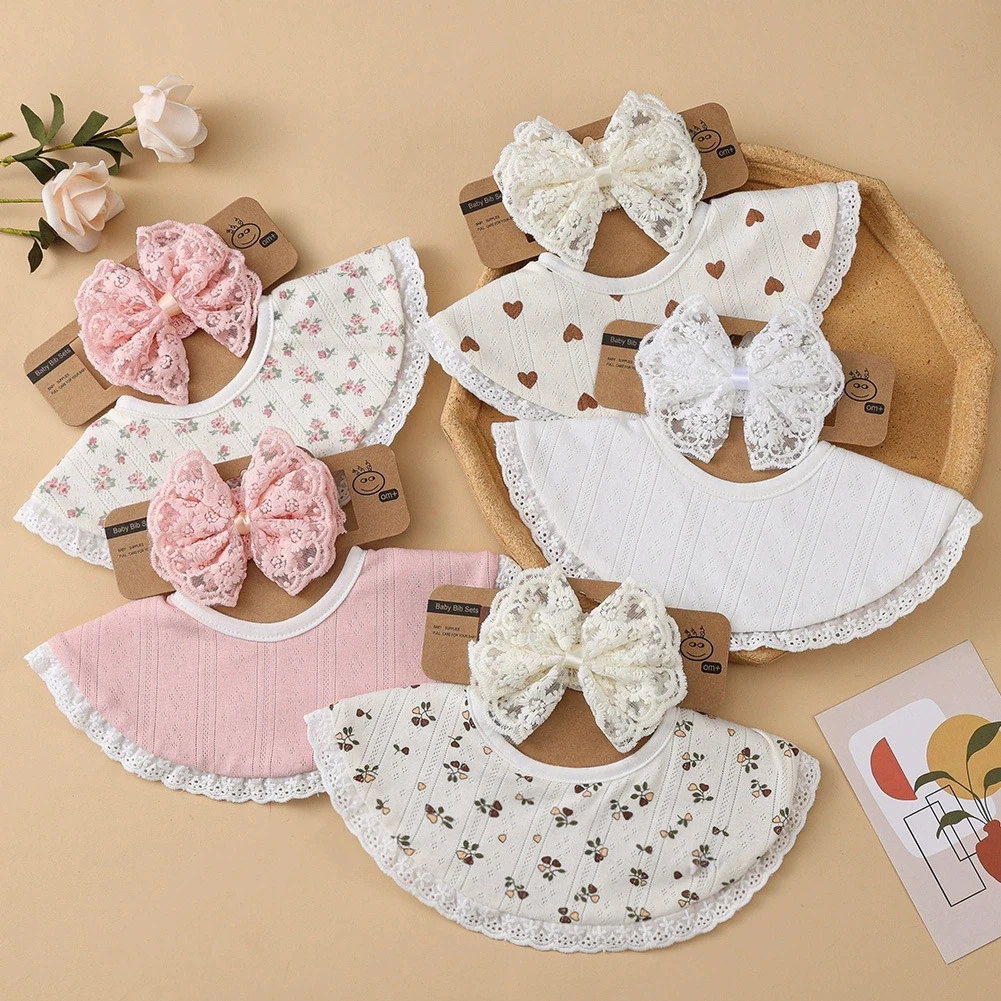 2 set di cotone neonato fazzoletto tovagliolo di cotone per bambini con bordo in pizzo nodi a farfalla fascia larga copricapo foulard bavaglino set - immagine 2