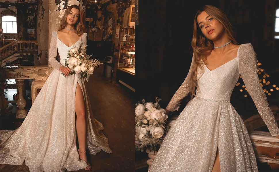 Vestidos de fiesta de manga larga con escote en V para adolescentes 2023