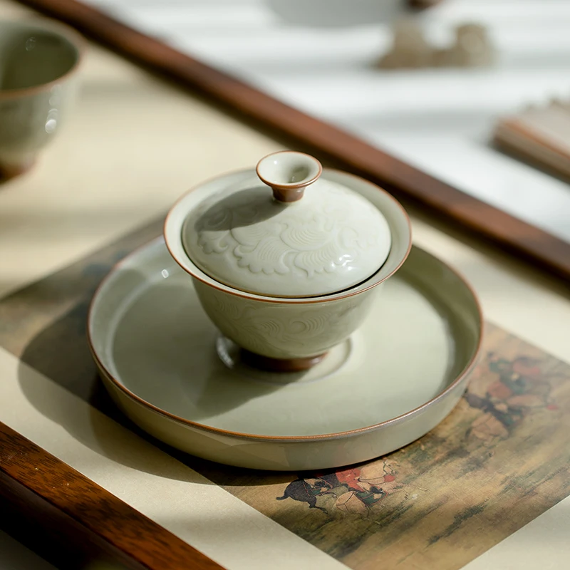 

Honey Glacier Relieve Peony Three Types Of Bowls Single Ceramic Chinese Kung Fu Set With Cover Tea Cup Not Hot