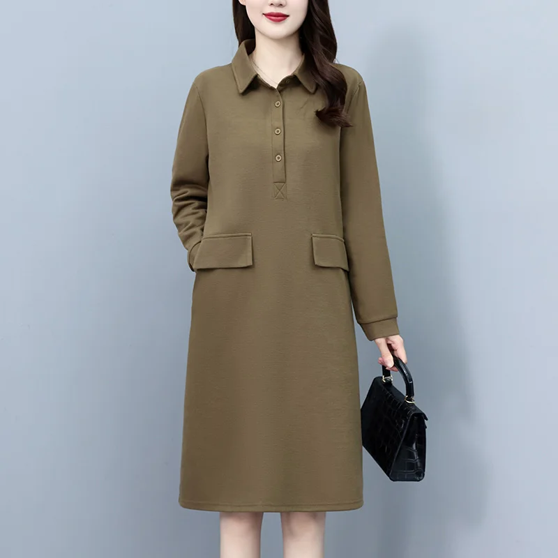 

2023 Autumn New Products Are Launched Women Long Sleeve Loose Retro Pure Color Fashionable Dress Middle-aged Mothers Dress T590