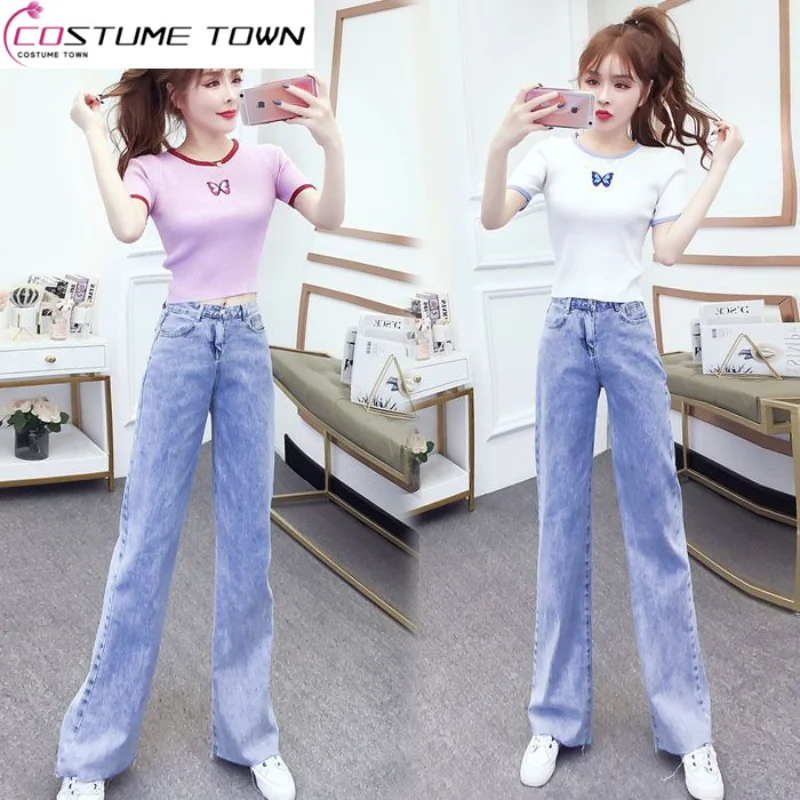 Temperament Set Women's 2023 Summer New Fashion Embroidery Knitted Top High Waist Straight Leg Wide Leg Jeans Fashion