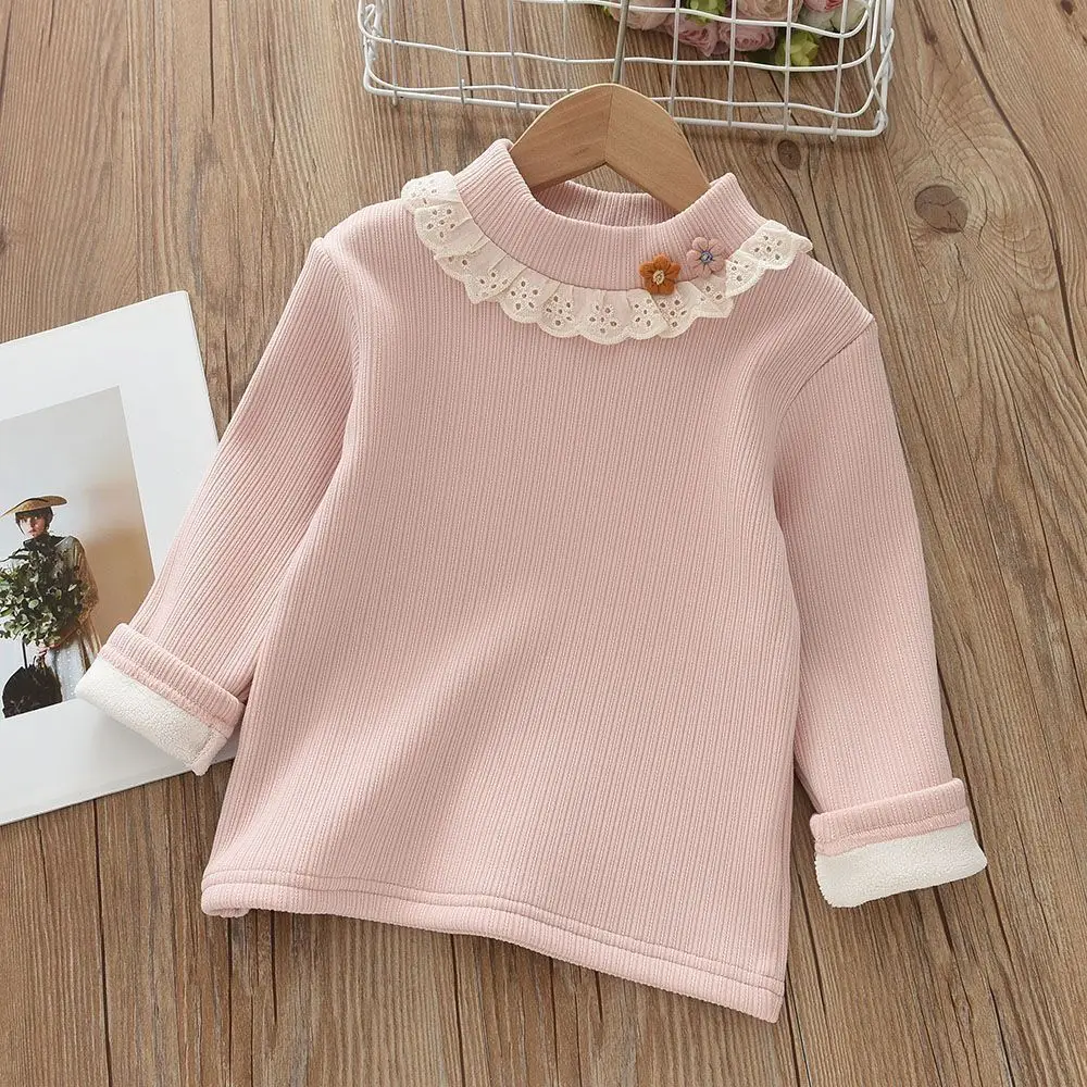 Kids Shirts Girls' Bottom Shirt Autumn Winter Children's Lace Half High Neck Fashionable Cute Girl Plush Thickened Warm Top