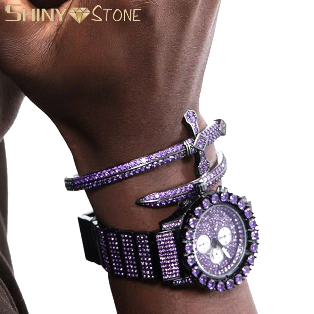2023 New Hiphop Iced Out Bling CZ Justice Sword Bangle Gold Color