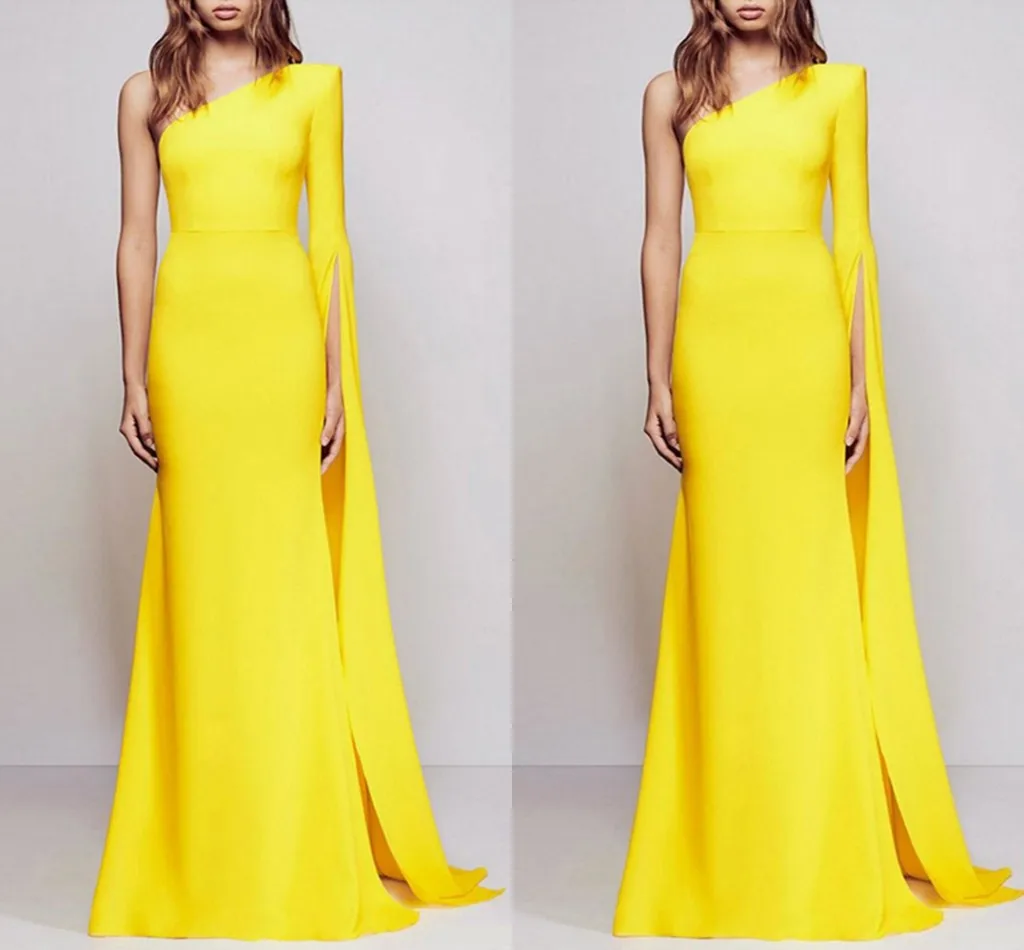 

Women Fashion Yellow Formal Evening Dress 2023 One Shoulder Long Sleeve Prom Party Gowns Arabic Dubai Muslim Vestidos De Fieast