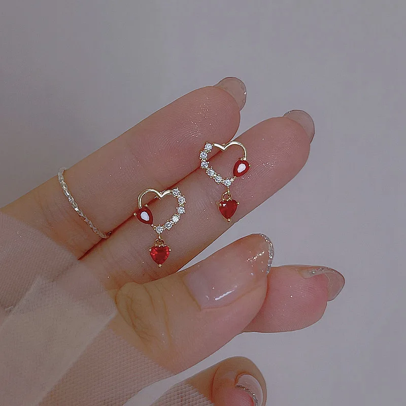 여성용 스위트 하트 레드 드롭 귀걸이, 한국 크리스탈 롱 체인 태슬 귀걸이, 파티 웨딩 주얼리, 2023 신상 패션