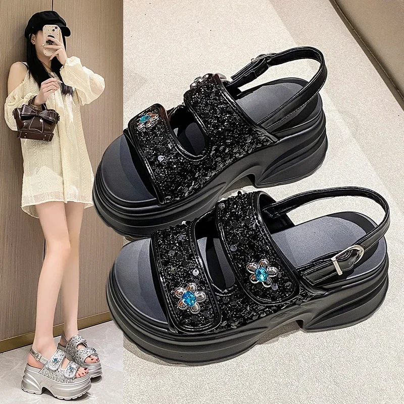 Chunky Platform Bling Rhinestone Sandals For Women Beach Summer_voghion.com