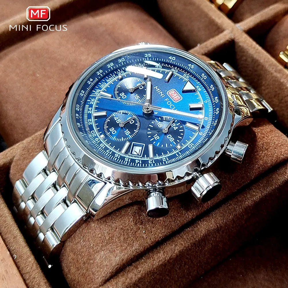 

MINI FOCUS Silver Blue Quartz Watch for Men Waterproof 24-hour Chronograph Wristwatch with Auto Date Stainless Steel Strap 0463