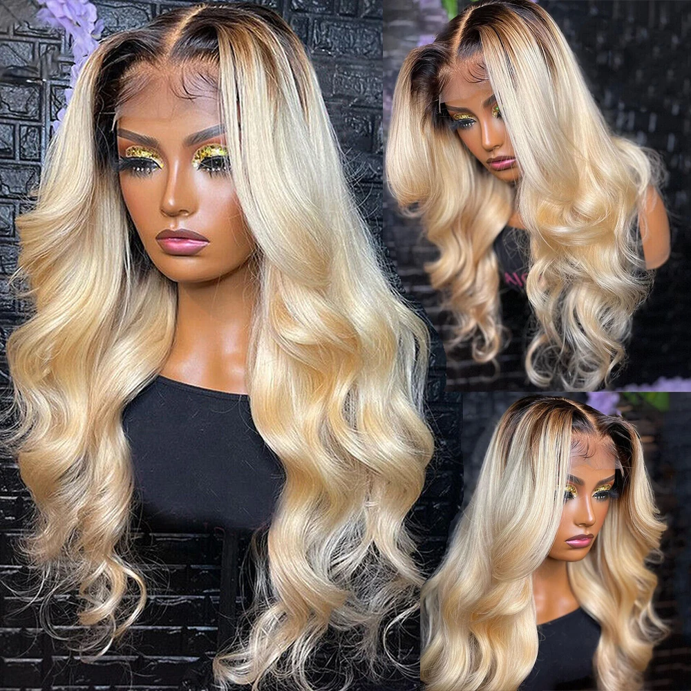 colored human hair wigs ombre blonde lace front wig human hair dark roots 613 transparent hd lace 13x6 frontal wig 360 frontal
