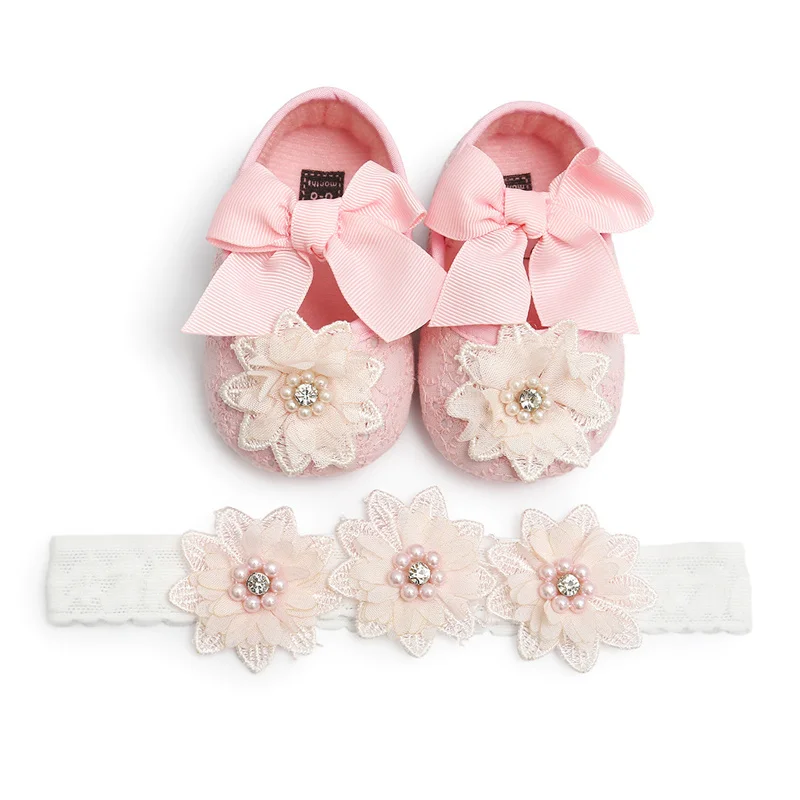 

Baby Shoes Leather Toddler Baby Girl First Walkers Sets Headband Bow-knot Soft Sole Hook & Loop Girls Shoes