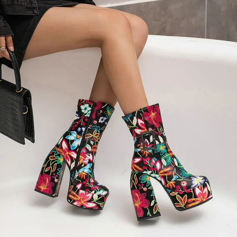 

Women short boots autumn winter flower embroidery thick heel ultra-high heel belt buckle waterproof platform women's ankle boots