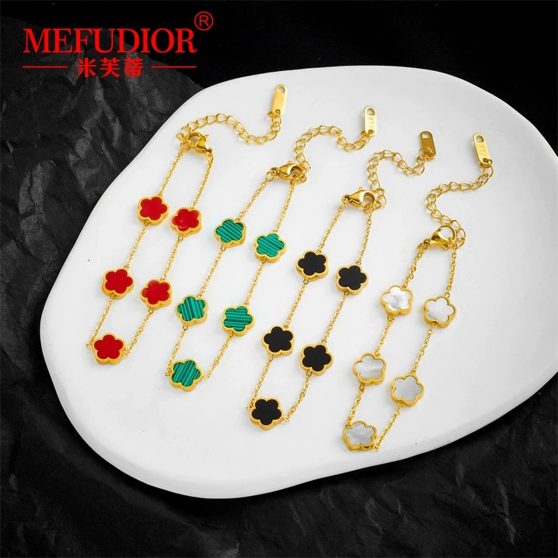 

Real 18K Gold/ Yellow Gold/Platinum/18cm Chain Golden Five Leaf Flower Malachite Natural White Beige Women's Luxury Bracelet