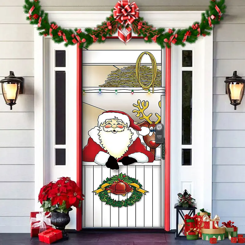 thumbnail image 1 of Cortina de puerta navideña 2024, adorno para árbol de Navidad de Papá Noel, muñeco de nieve, pancarta de fondo de Feliz Navidad, decoración para fiesta en casa, 1 of 5
