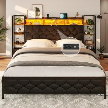 Queen FarmhouseBed Frame, Queen Size Platform Bed LED Lights and Charging Station, Artificial LeatherHeadboard Bookcase Shelves 1