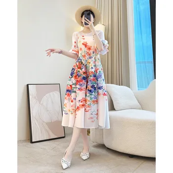 Miyake Elegant Plant Floral Printing Pleated Women's Dress Chic New Round Collar Lantern Sleeve Elastic Loose Casual Dresses 1