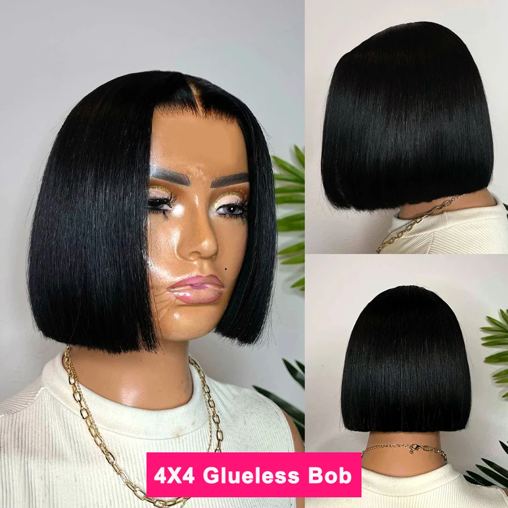 

100% Glueless Wigs Wear and Go Brazilian Straight Short 4x4 HD Lace Closure Wig Glueless Preplucked Human Wigs Ready to Wear