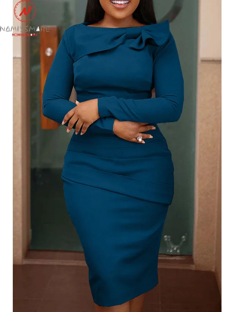 

Fashion Women Solid Color Pencil Dress Shrinkage Design Zipper Decor Shawl Collar Mid Waist Long Sleeve Slim Hip Dress for Party