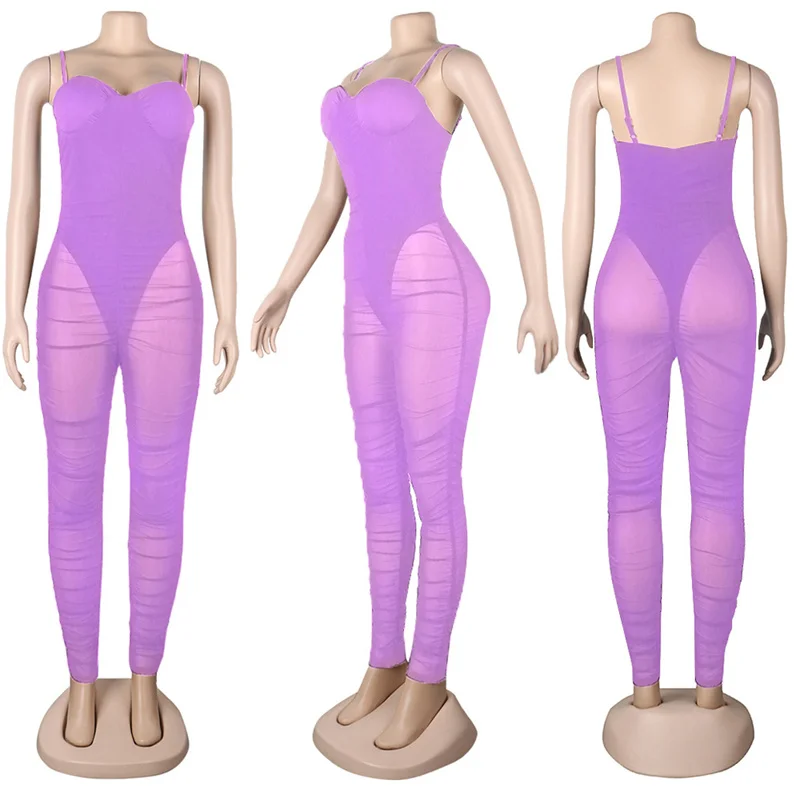 thumbnail image 1 of Monos sexys con tirantes para discoteca, monos para mujer, mono elegante de malla transparente para fiesta, mono ajustado, mono de una pieza con espalda descubierta fruncida, 1 of 5