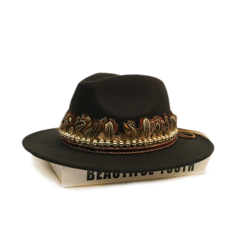 cream fedora hat Retro  Feather Skull Head Leather Band Women Men Vintage Wool Felt Wide Brim Cap Fedora Panama Jazz Bowler Hat  (54/57/61cm fedora hat men