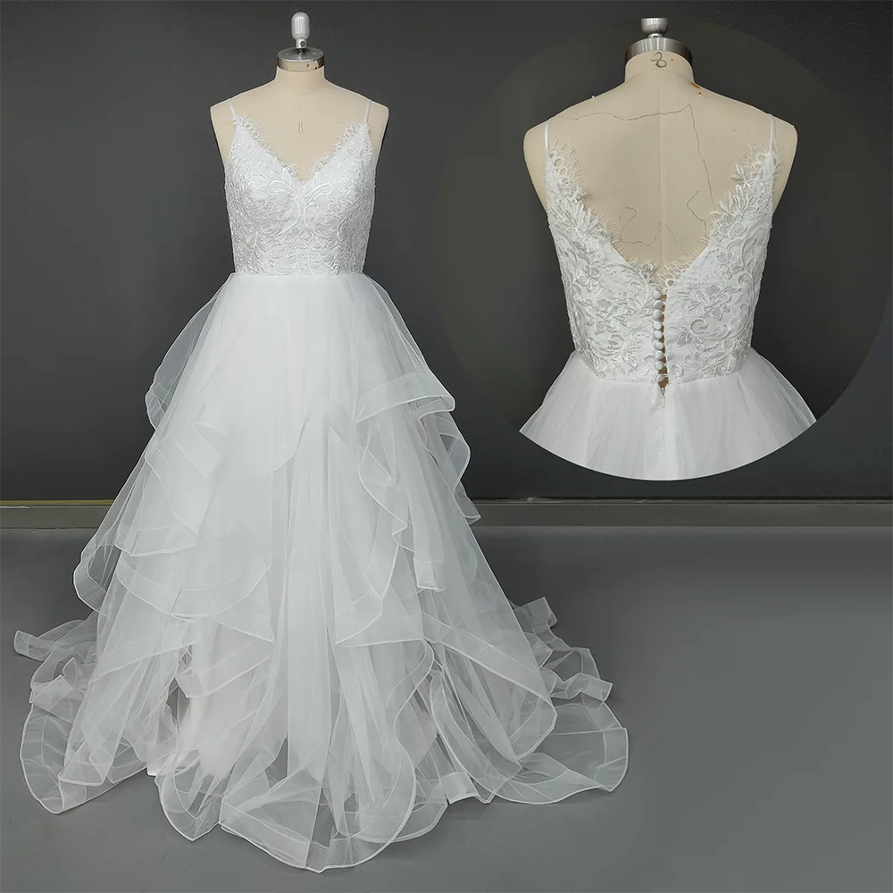 

Real Photos Spaghetti Straps Floral Lace Backless Wedding Ball Gowns Buttons Cascading Ruffles Organza V Neck Bridal Dress