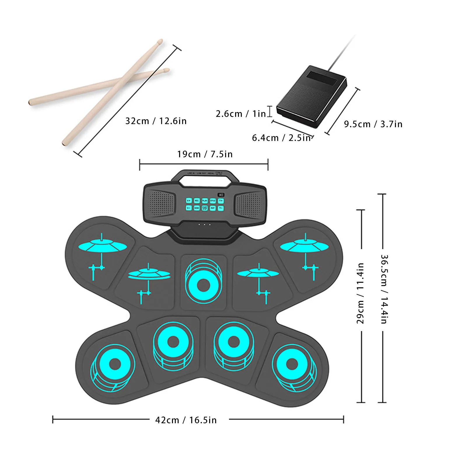 Electric Drum Pad Set Kids 9 Pads Roll Up Practice Tool with Sticks Headphone Jack Speaker Pedals Electric Drum Pad with Sticks
