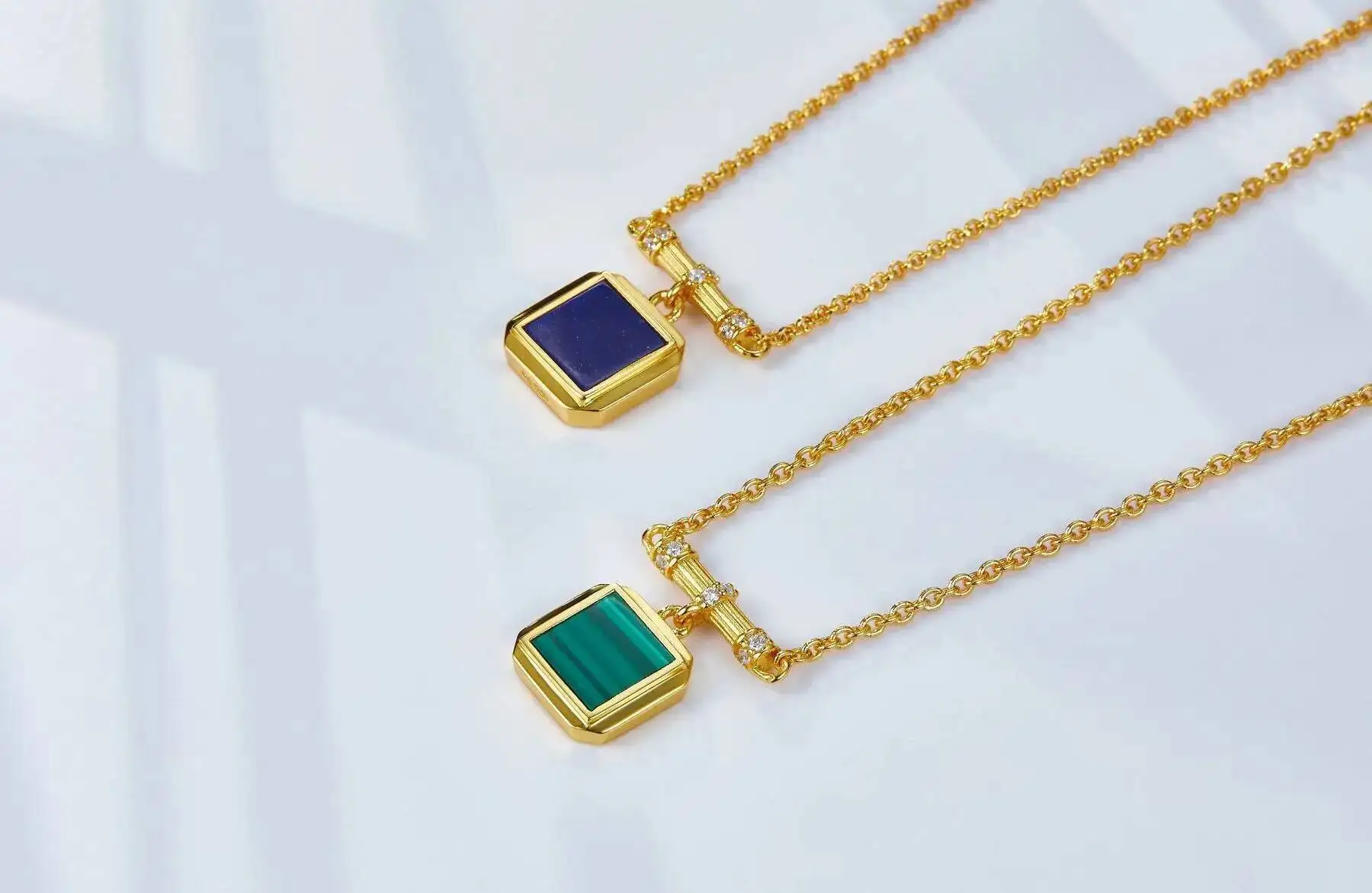 Silver 18K Gold Malachite Lapis Lazuli Square Pendant Choker Necklace