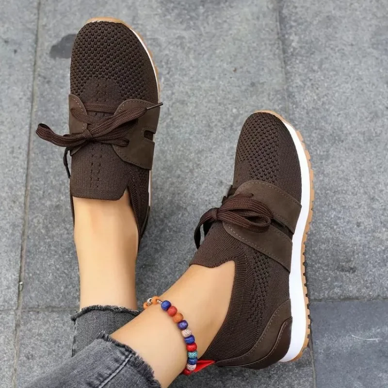 2023  Brown Knit Breathable Sneakers Shoes Women 2023 New Soft Sole Platform Flats Woman Plus Size 43 Non Slip Casual Shoes