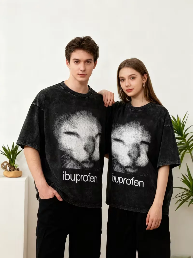 Ibuprofen Cat Meme Washed T-Shirts Streetwear Hip Hop Vintage T-Shirts Tees Tops für Männer Frauen Street Sommerkleidung Unisex