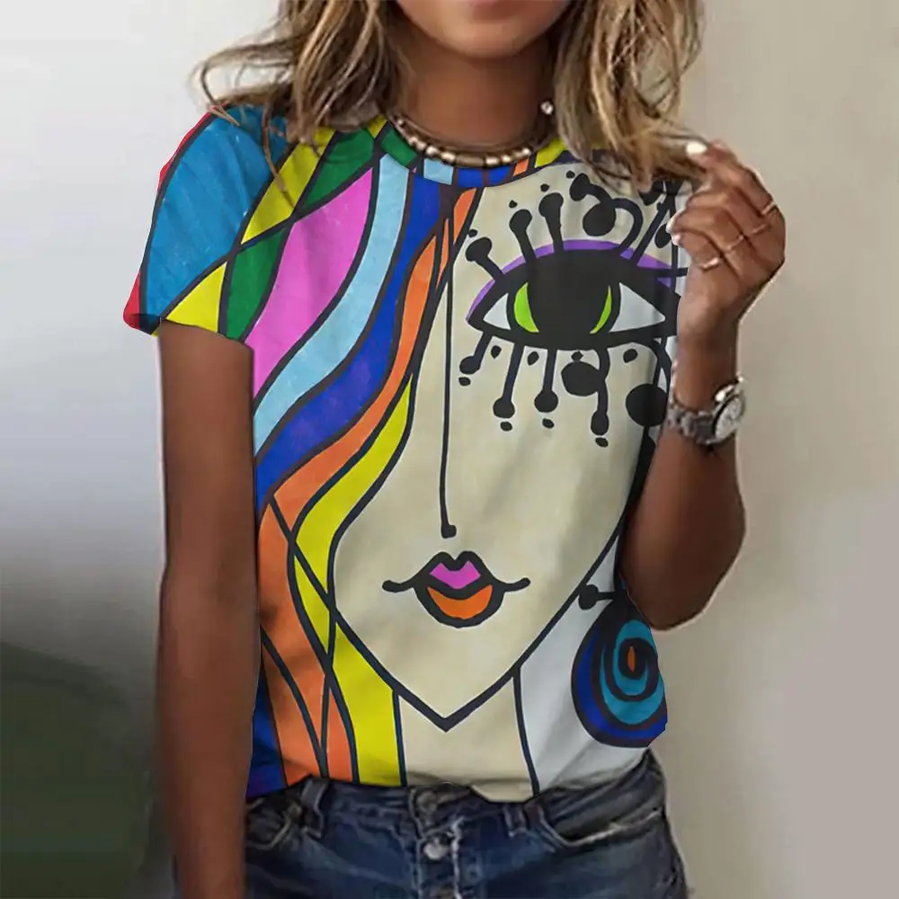 Sommarmodetopp för kvinnor 3D-blommiga t-shirts för flickor ansiktsmålning Haruku färgglada vackra kortärmade t-shirts överdimensionerade418_voghion.com