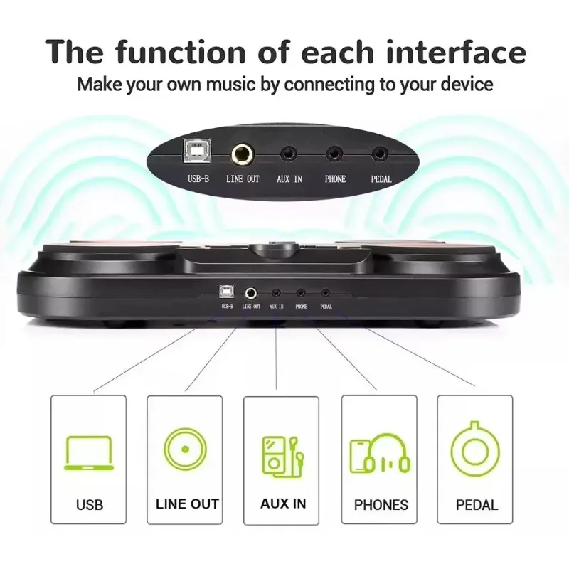 Multifunction Portable Electronic Drum Set 7 Velocity-Sensitive Pads Tabletop Drum Practice Drum Support Recording Audio Input