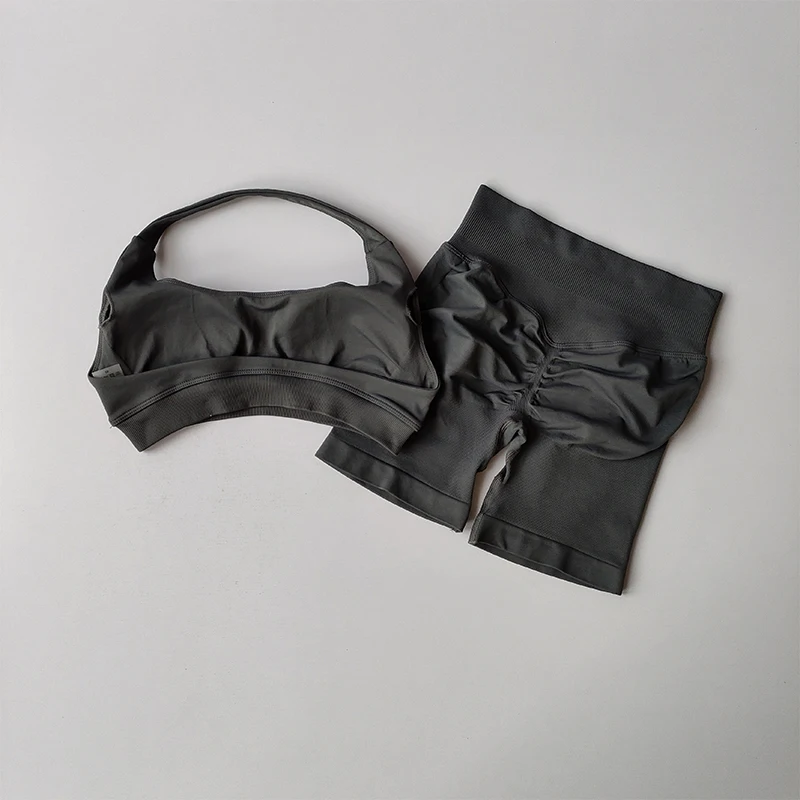 Sexy Halter Neck Beautiful Back High Waist Peach Sports Bras Shorts Suit...