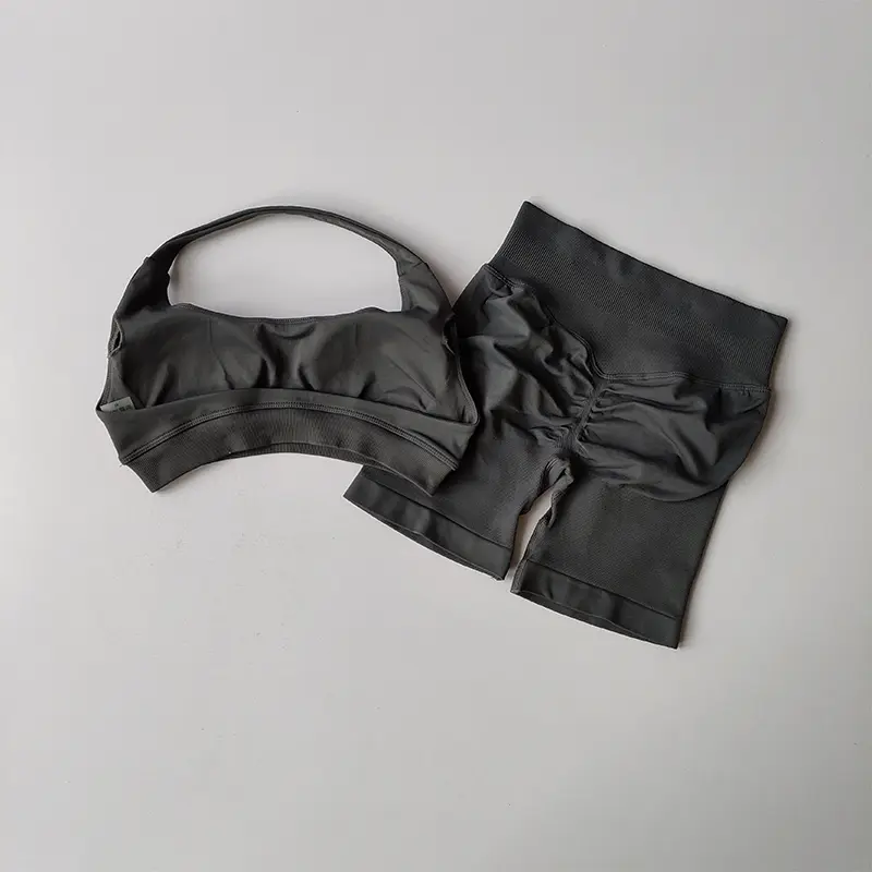 Sexy Halter Neck Beautiful Back High Waist Peach Sports Bras Shorts Suit Pilates Gathering Yoga Vest Training Fitness Bra Sets - Image 6