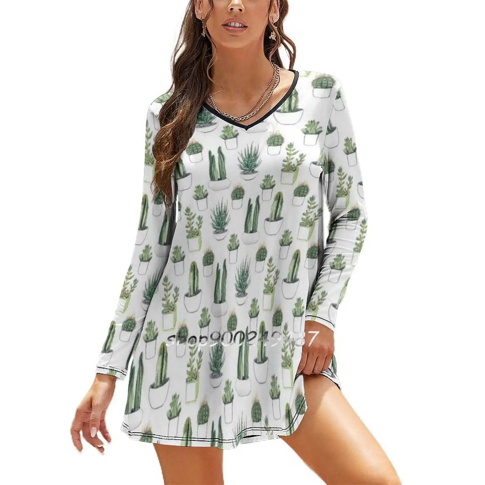 

Watercolour Cacti & Succulents Women Casual High Waist Mini Dress Long Sleeve Dress Autumn New Fashion Dress Cacti Succulents