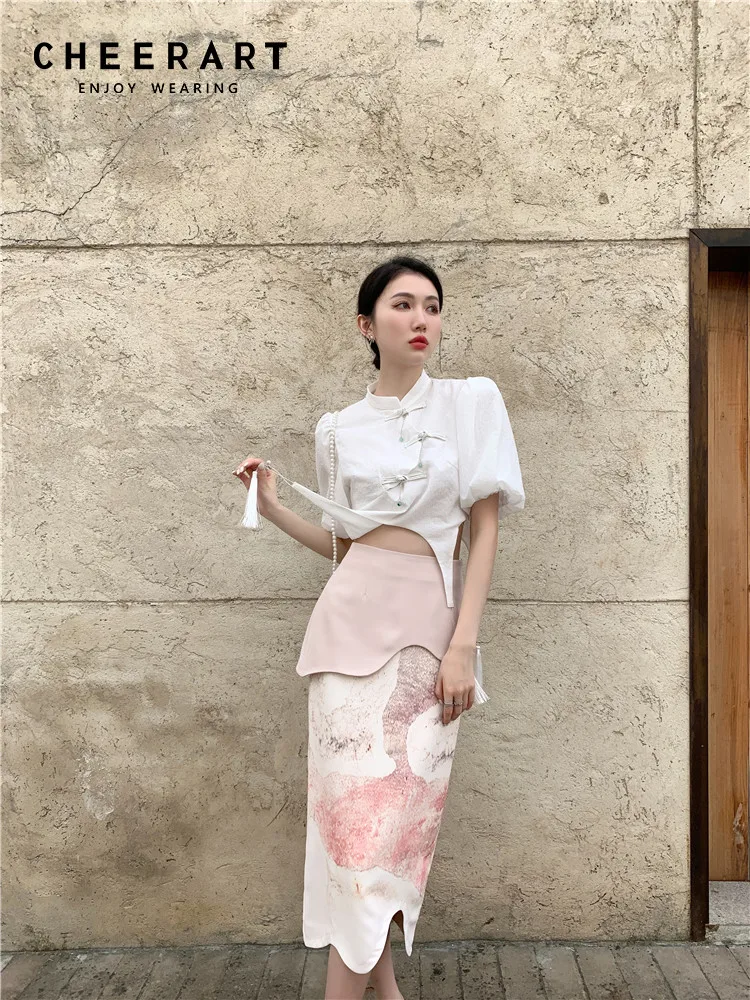

CHEERART High Fashion Spring Summer Skirts For Women 2022 Patchwork Pink Asymmetrical High Waisted Skirt Bottoms Clothing