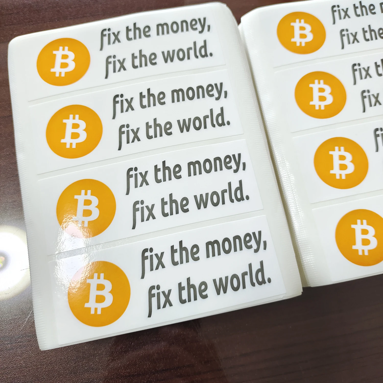 20pcs 100x35mm Bitcoin Fix the Money World Durable Waterproof Tear Proof Vinyl Label Stickers Cryptocurrency Fans Publicity