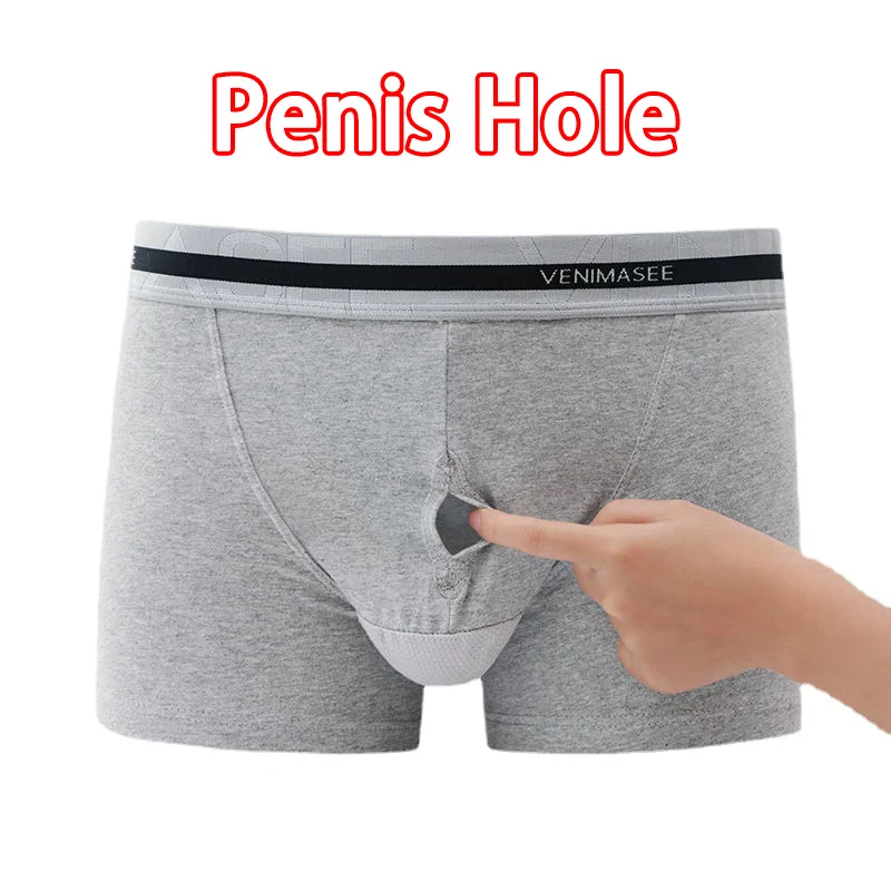 Man Foreskin Penis Hole Boxers Front Open Hole Bulge Dick U-Convex Underwear Double Layer Reduce Sensitivity Slip Panties Briefs