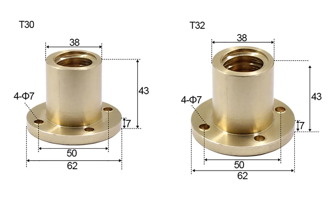 1pcs linkes Gewinde T10-T40 Messing trapezförmige Leit spindel Flansch mutter Teilung 2-8mm Kupfer Leit spindel Schrittmotor Schiene Schraube cnc – Detail 8