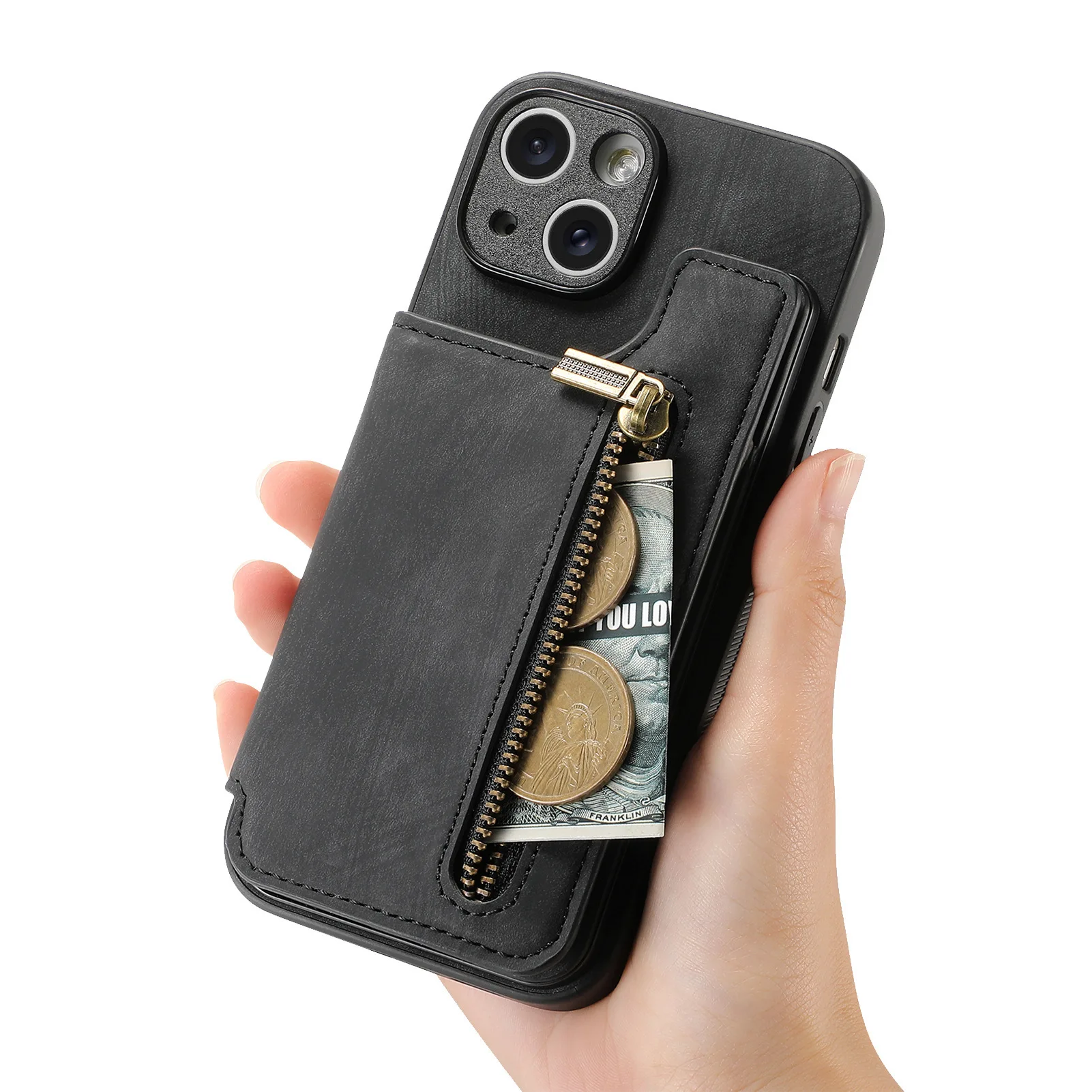 Retro Leather Zipper Wallet Phone Case with Multi Card and Cash Slots