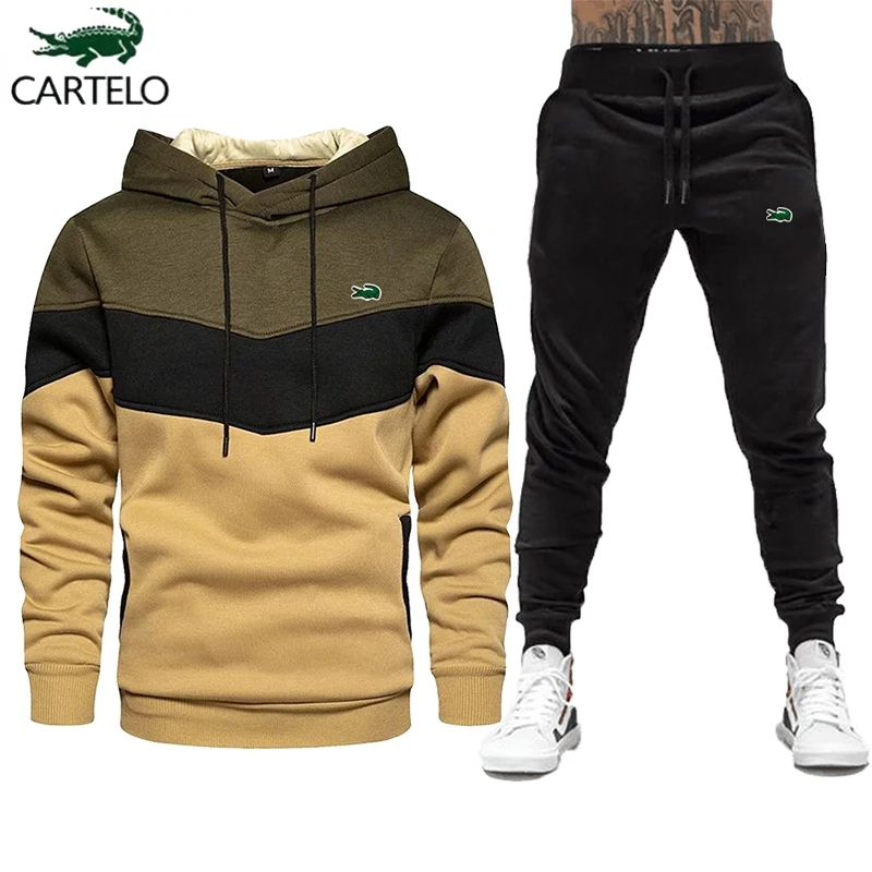 

2023 New High Quality Men's Leisure Sports Color Contrast Hooded Plush Sweater Pullover+Outdoor Running Pants Set