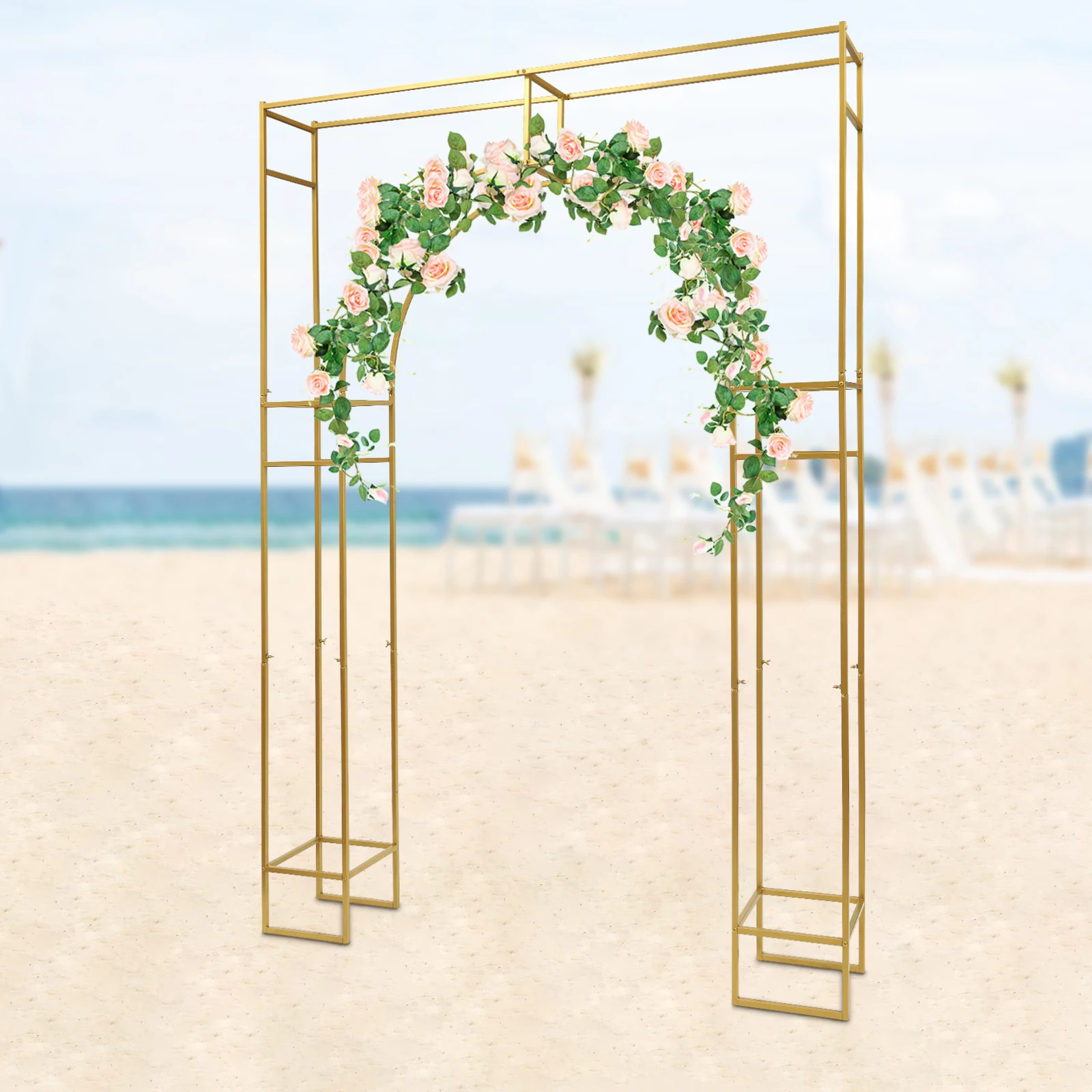 Goldfarbener Hintergrundständer mit mehreren Szenen, 1,8 x 2,4 m, freistehend, für Hochzeit, Weihnachten, Geburtstag, Party, Gangbogen, Dekoration, Kohlenstoffstahl – Detail 9