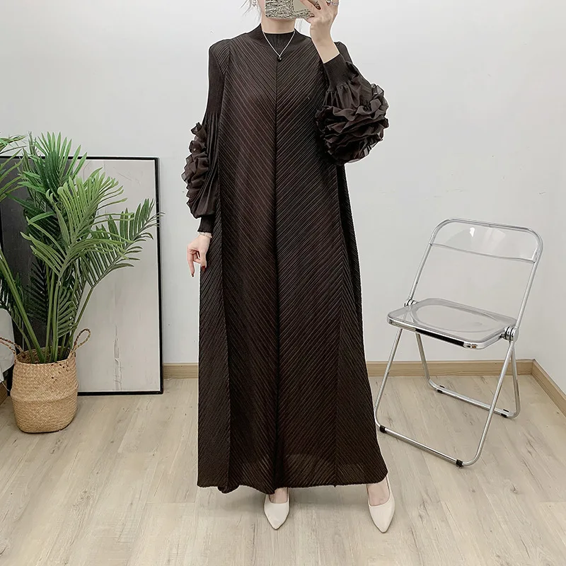 فستان LANMREM ذو ثنيات باللون الأحمر الخمري للنساء...