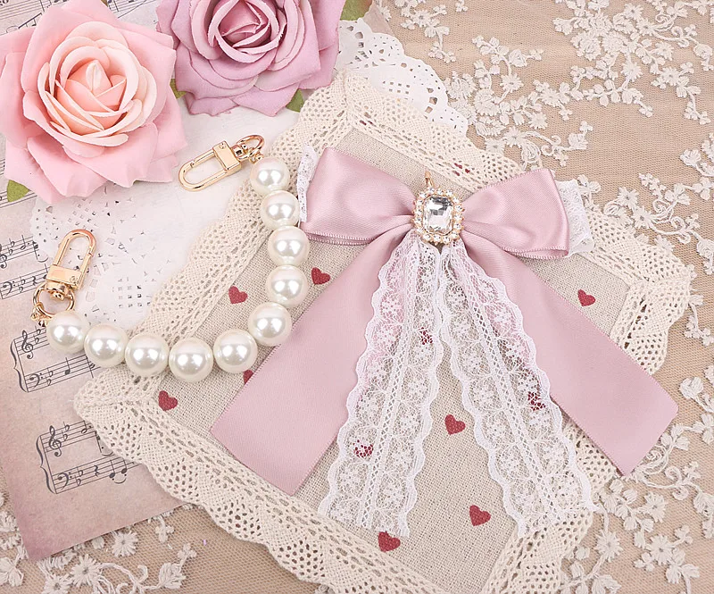 Handmade Japanese Style Lace Rhinestone Big Bow Stringed Pearls Handbag Pendant Sweet Cute Female Lace Bowknot Bag Charms