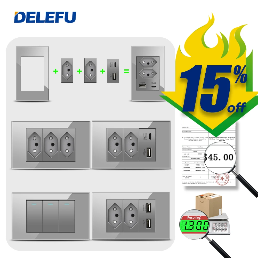 Delefu-pacote de Tomada de Parede Padrão Brasil Painel de Vidro Temperado Cinza Tpye-c Usb Interruptor de Parede 3gang